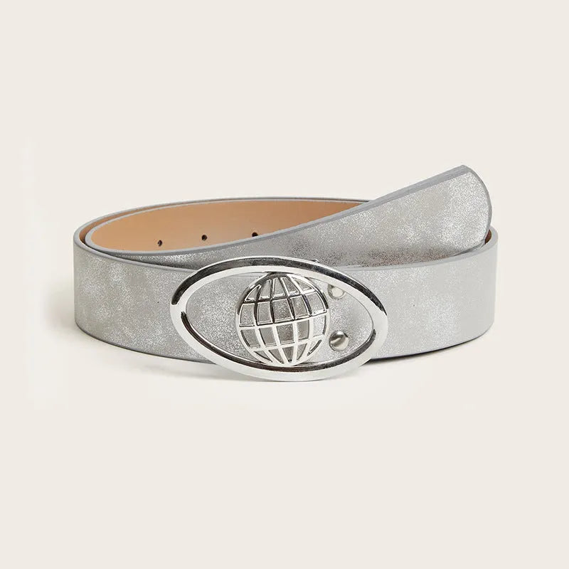 Retro women's belt with oval alloy buckle in thick PU leather vintage style