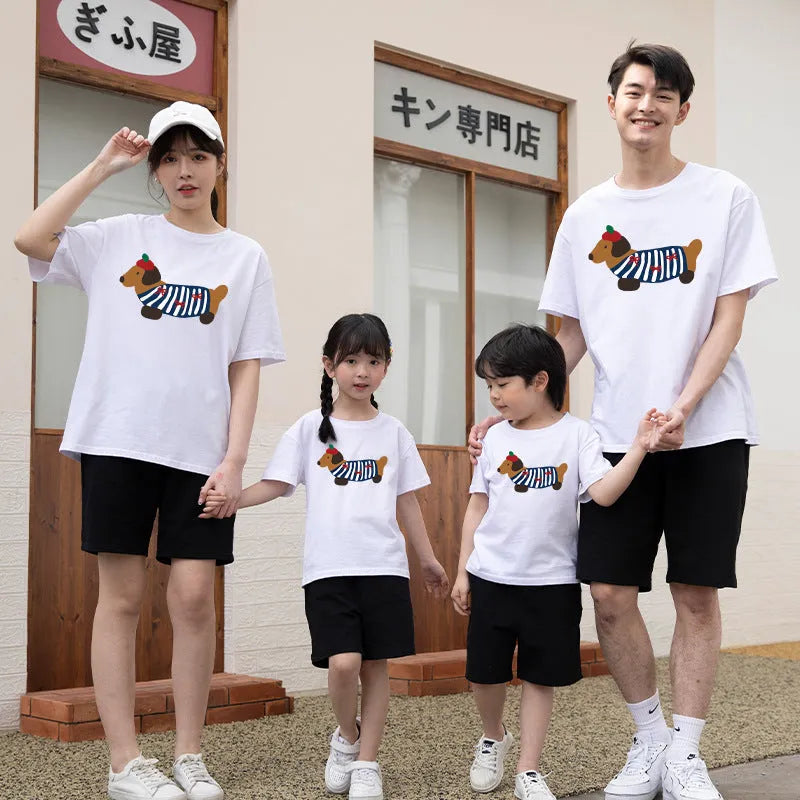 Cotton Western style dog mother-daughter matching outfit with contrast colour short sleeves in Korean design