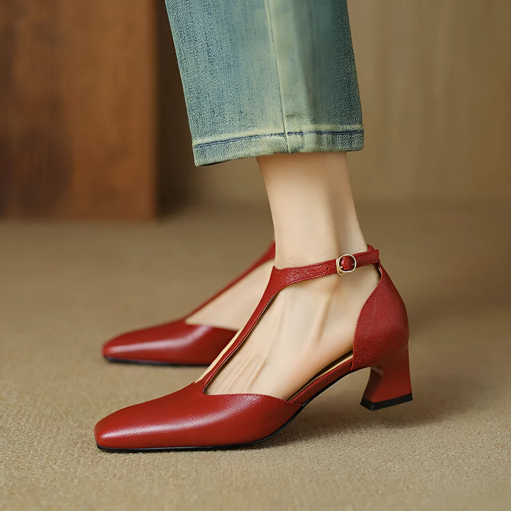 Women's wine red French retro square toe chunky heel buckle shoes made of sheepskin leather