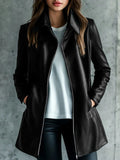 Black women's polyester leather jacket with medium length and long sleeves