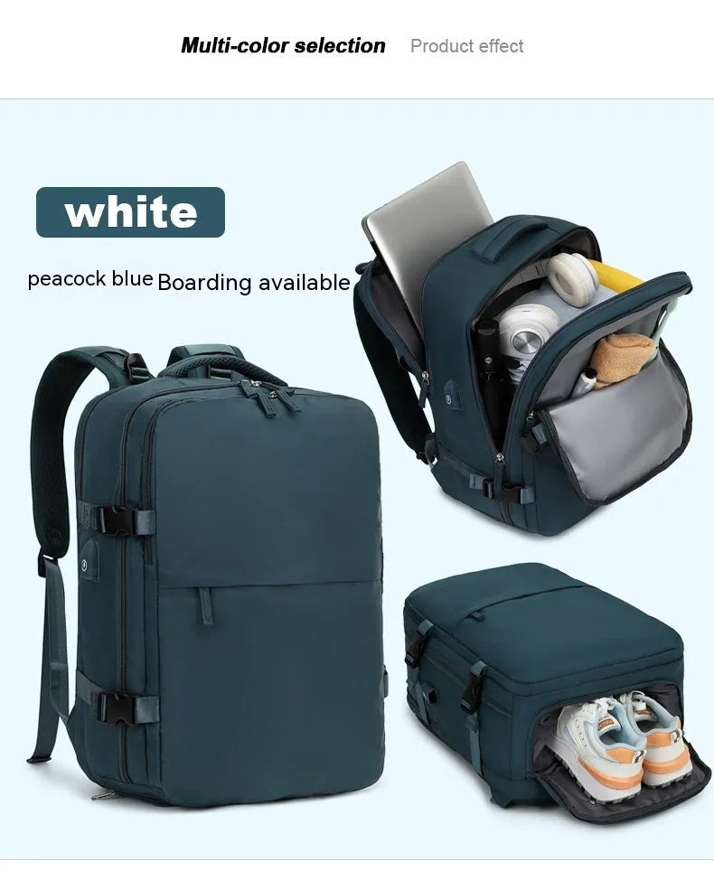 Large black nylon mummy-style travel backpack with a waterproof lining.