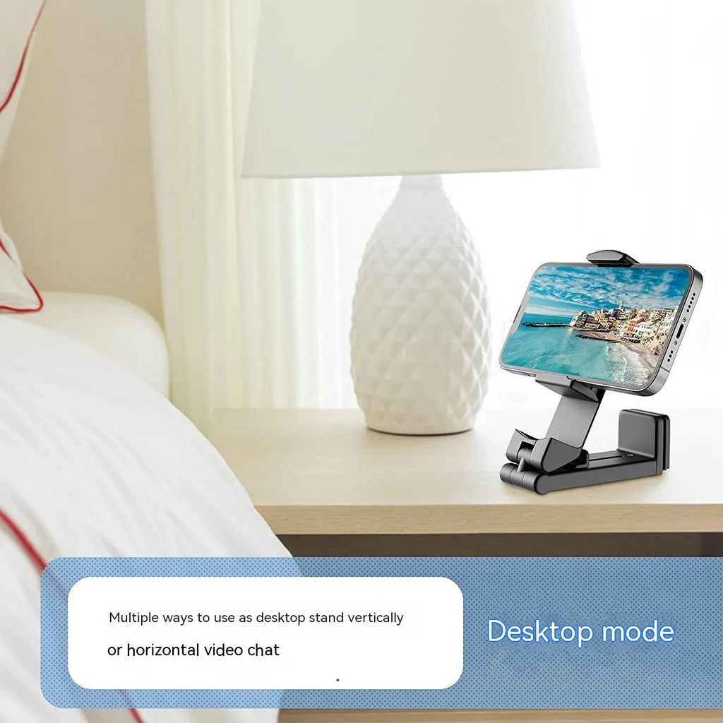 Foldable rotating universal phone holder in black, grey, or green colour showing its adjustable clamp and legs.