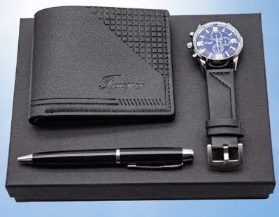 Creative holiday gift set showing wallet, pen and watch in modern simple gift box