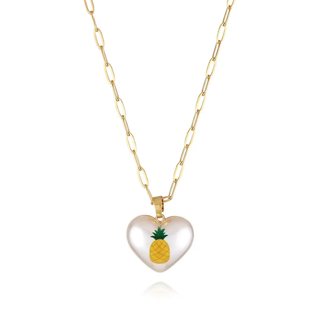 Silver tone heart necklace with geometric fruit pendant on adjustable 21-50cm chain