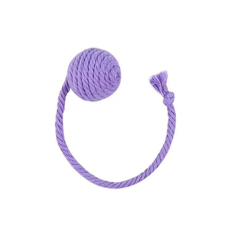 Colourful cat toy ball with rope handle and internal bell in 6cm or 3cm sizes
