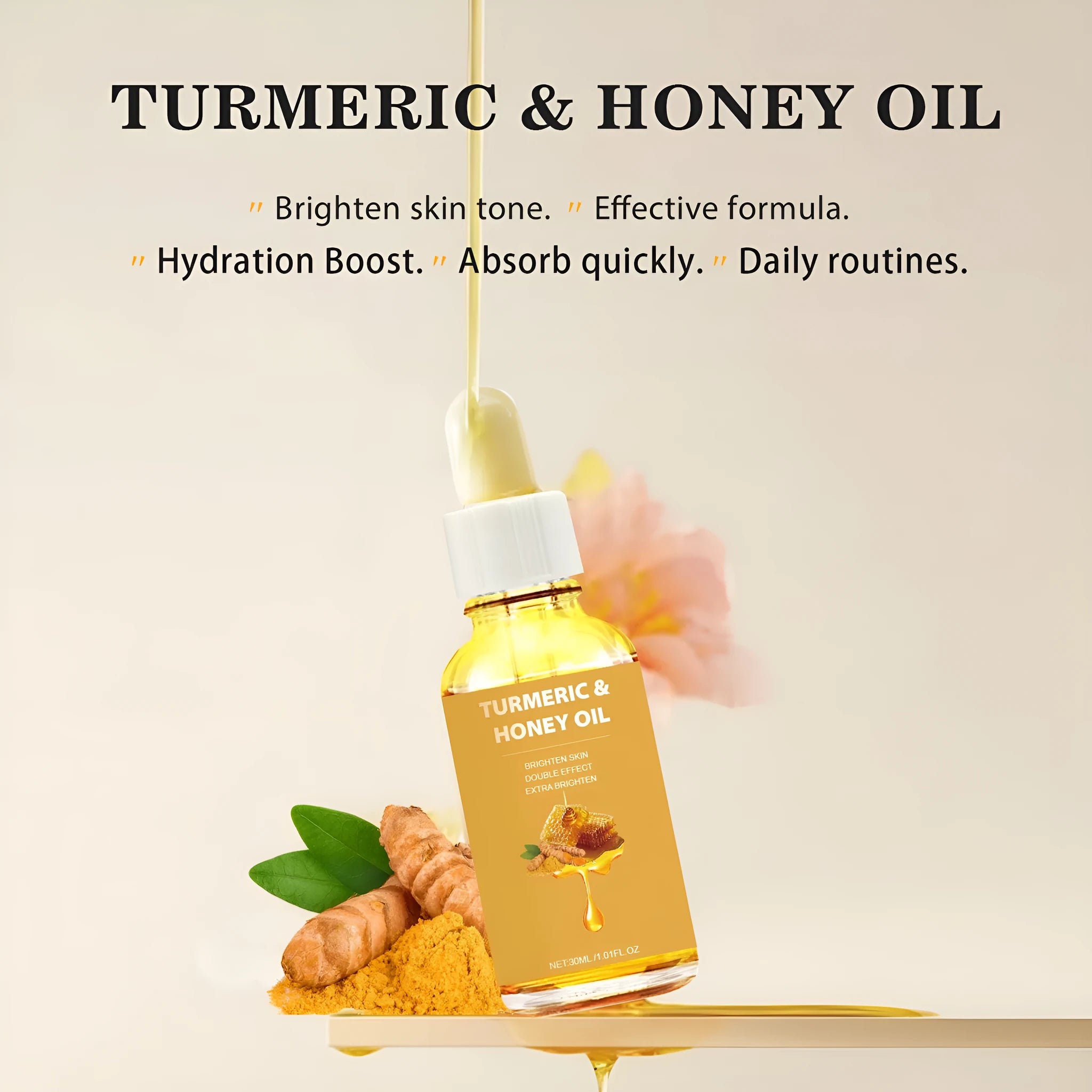 Turmeric honey essential oil 30ml in amber glass bottle with dropper for facial application