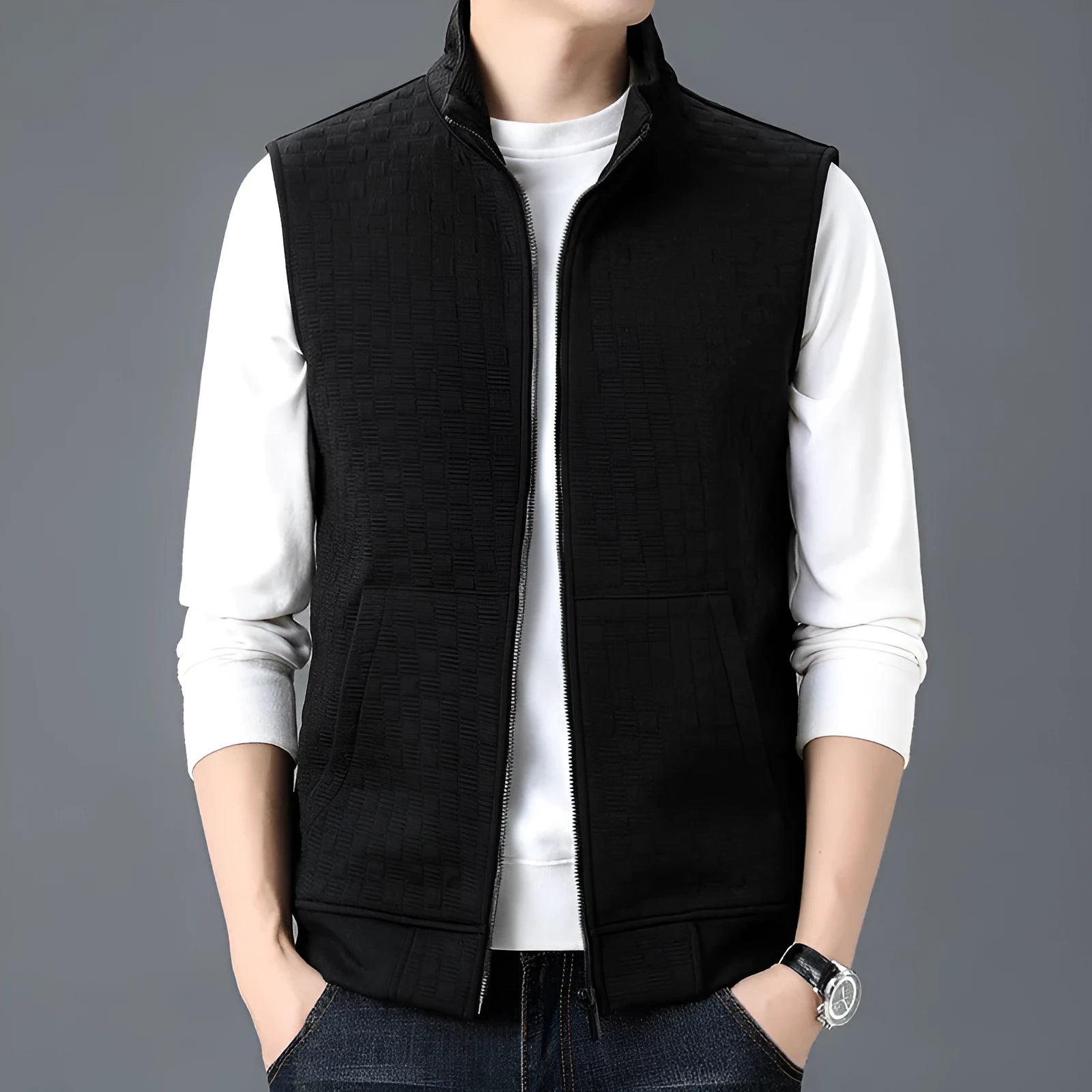 Casual sleeveless waistcoat top in chemical fibre blend fabric shown in cardigan style