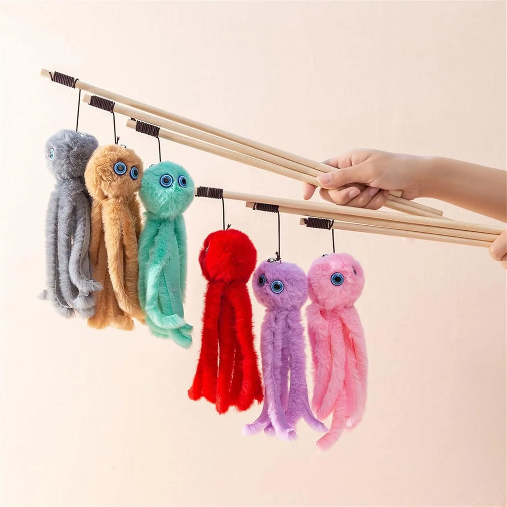 Octopus-themed furry cat toy with eyes on 40cm long stick for indoor kitten play