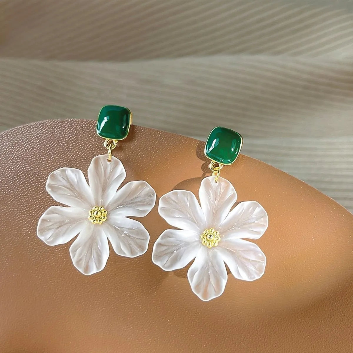 Dark green alloy floral earrings with sterling silver needle flower details for women