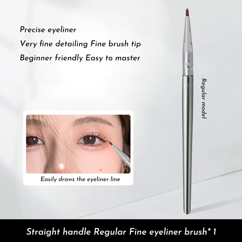 Close-up of a bent head eyeliner brush for precise under eye and tear trough makeup application.