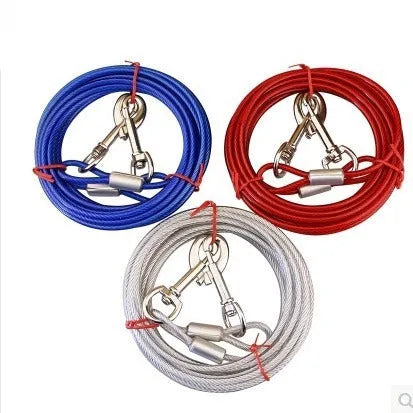 Double headed steel wire dog leash in blue with rope handle for walking two dogs