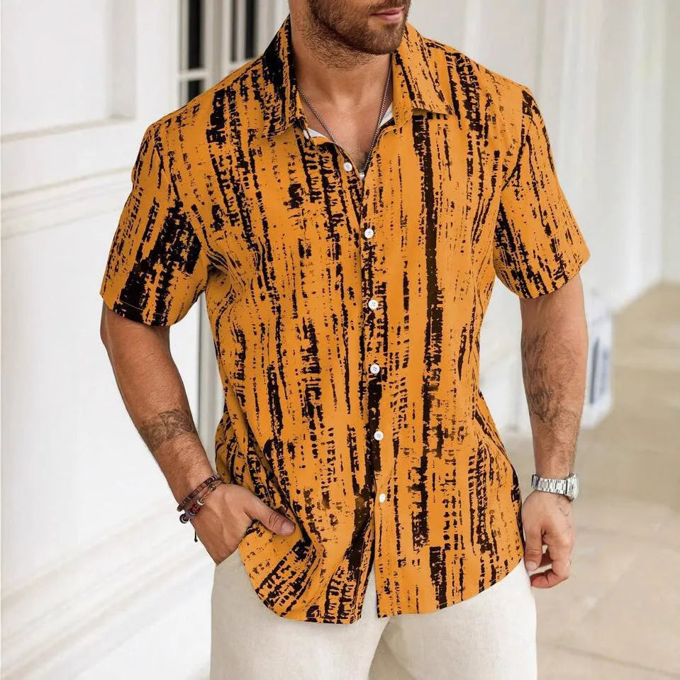 Man wearing a short sleeve striped casual shirt in a blue colour with a 3D printed pattern.