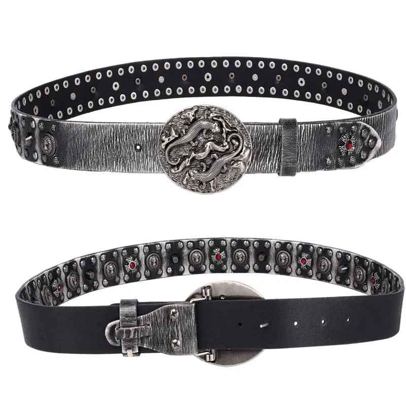 Men's genuine leather belt with punk rivet design and alloy buckle in retro colour options