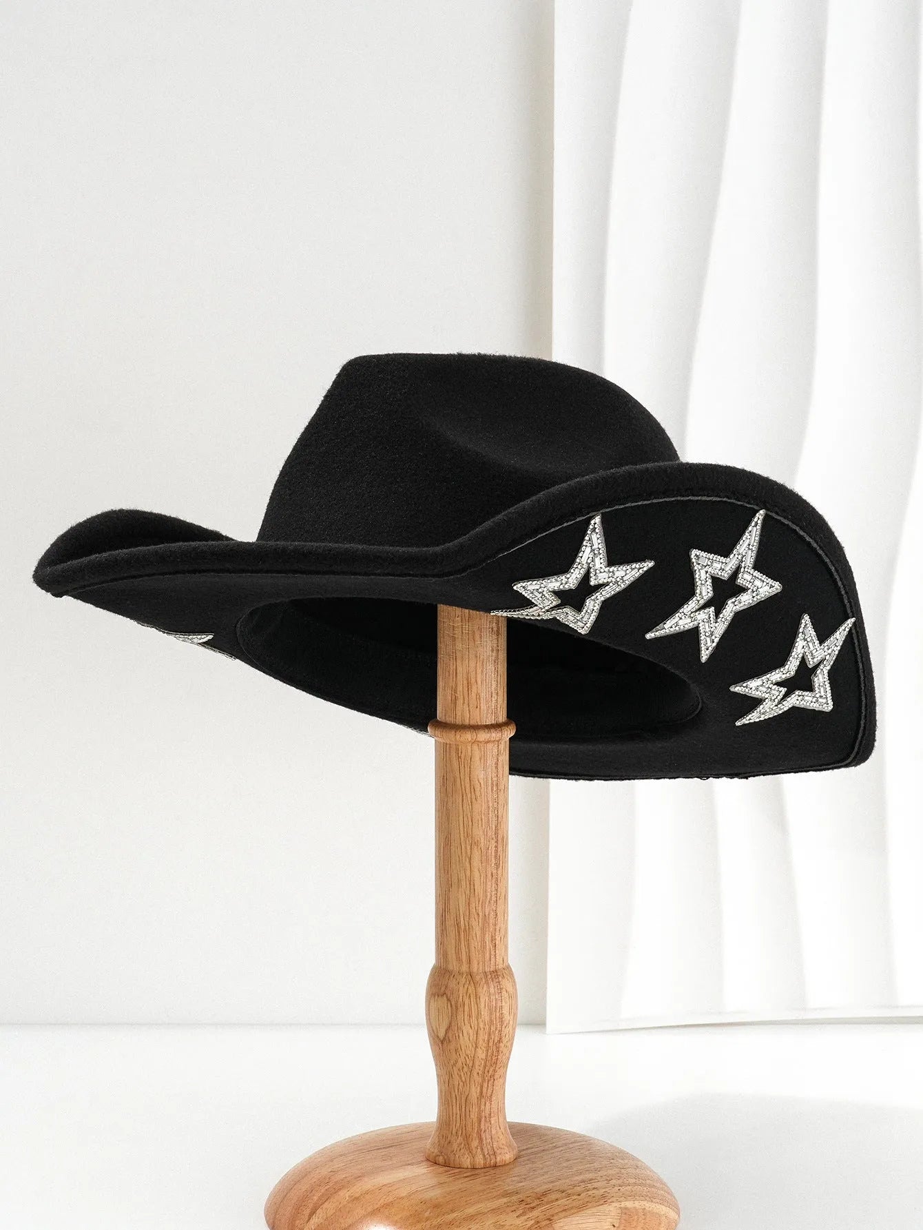 Western denim top hat with hexagonal star pattern on woven polyester fabric