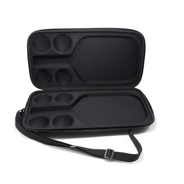 Black EVA pickleball racket storage case with dual shoulder straps showing racket and ball compartments