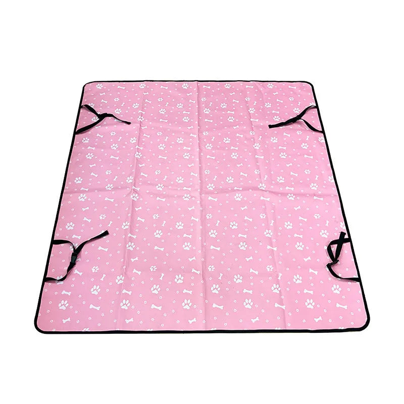 Grey car pet mat with dog bone print design covering a car rear seat