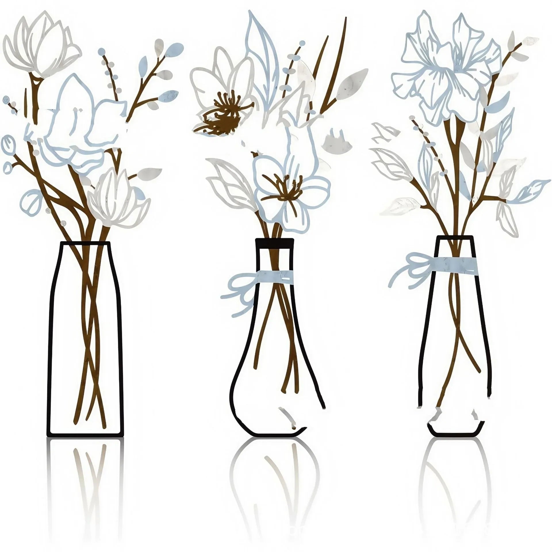 Set of three metal wall art decorations with flowers and coloured vases in modern farmhouse style.