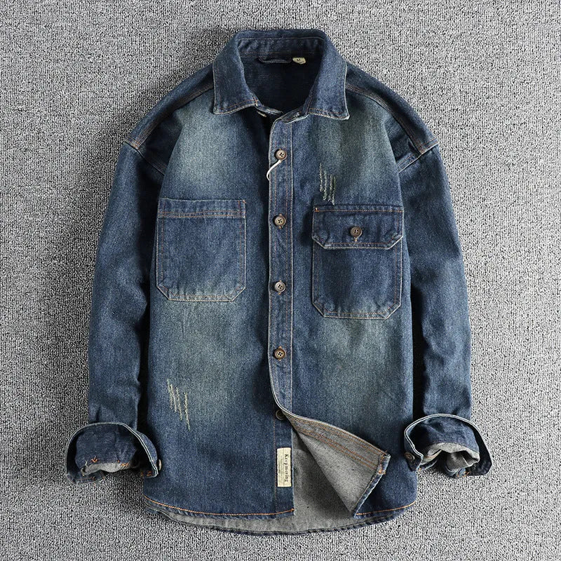 Men's light blue vintage denim shirt with loose cardigan styling and long sleeves