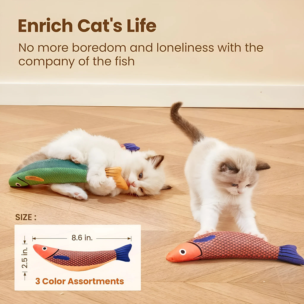 Soft plush catnip fish toy in bright colours with crinkle sounds for interactive cat play