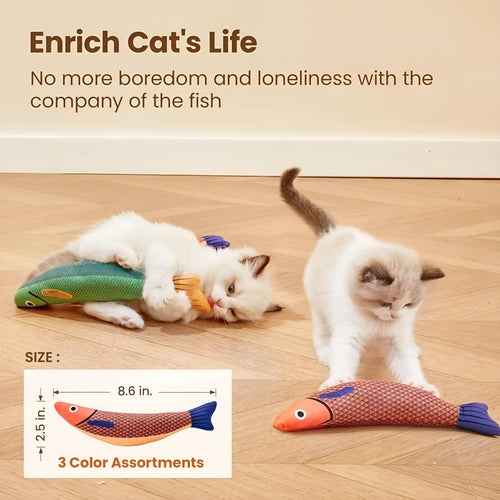 Soft plush catnip fish toy in bright colours with crinkle sounds for interactive cat play