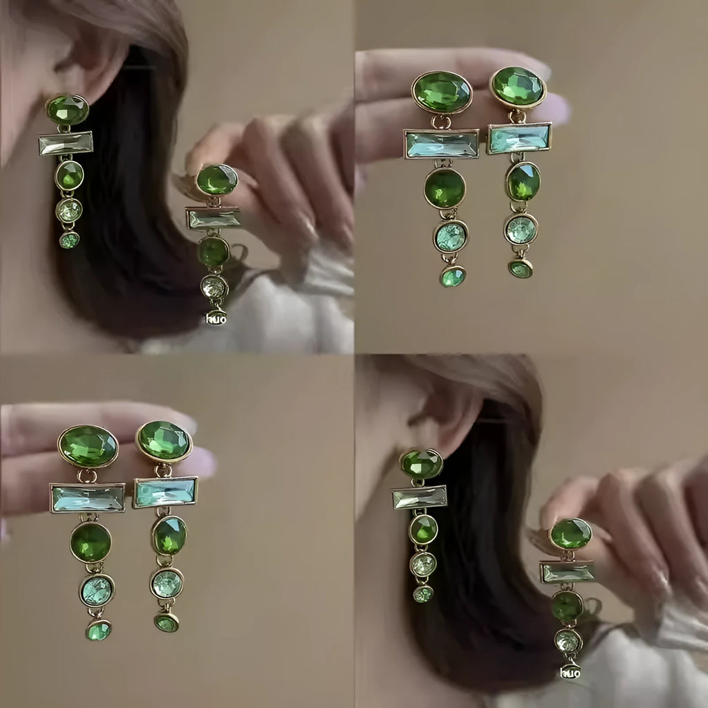 Green gradient geometric Chinese style tassel earrings with inlaid zircon detailing on alloy studs
