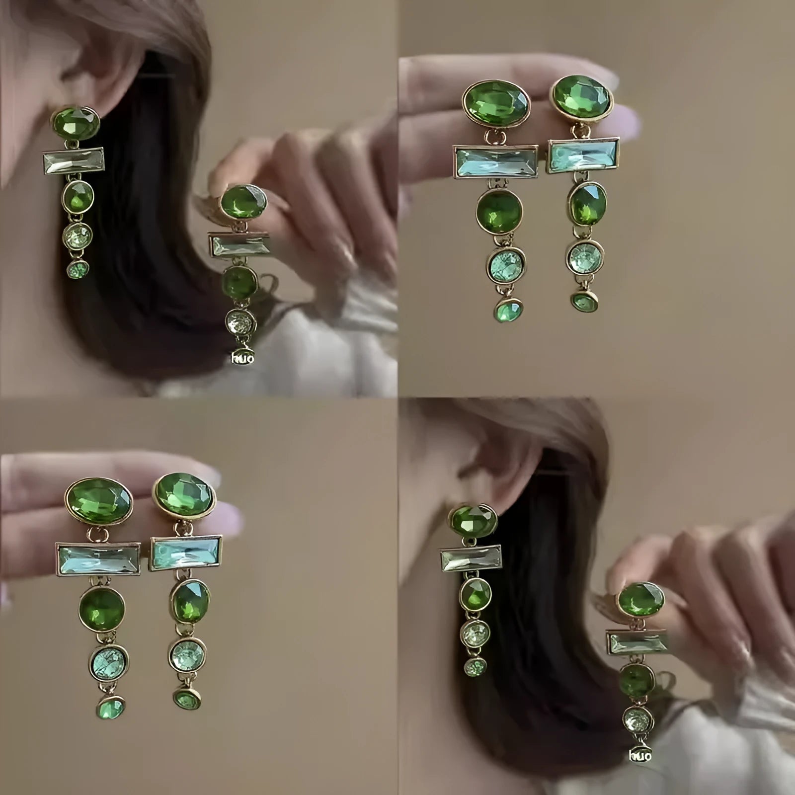 Green gradient geometric Chinese style tassel earrings with inlaid zircon detailing on alloy studs