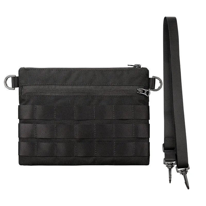 Black Oxford cloth military utility bag measuring 18 by 3.5 centimetres