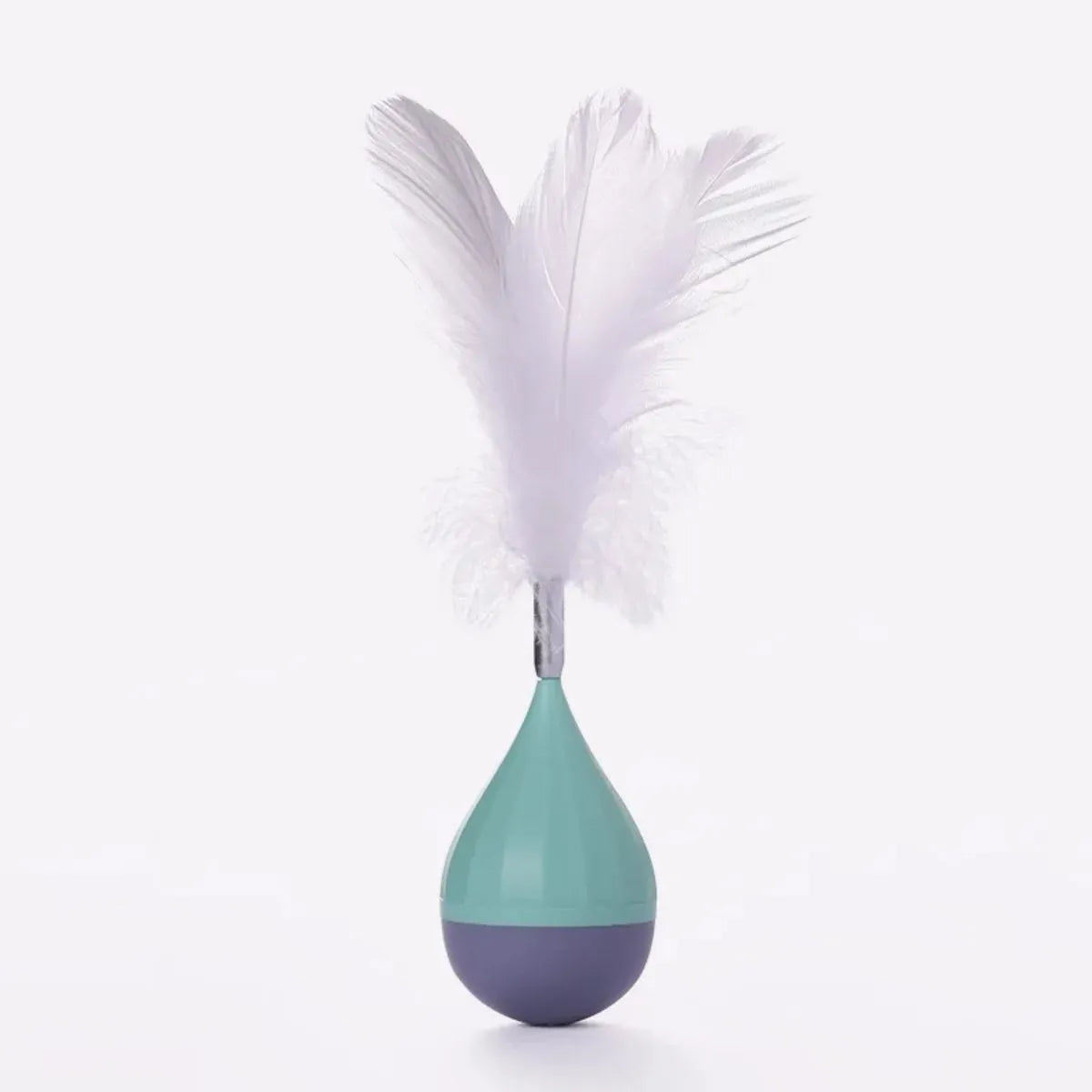 Green and pink feather tumbler cat toy with tease ball on stick