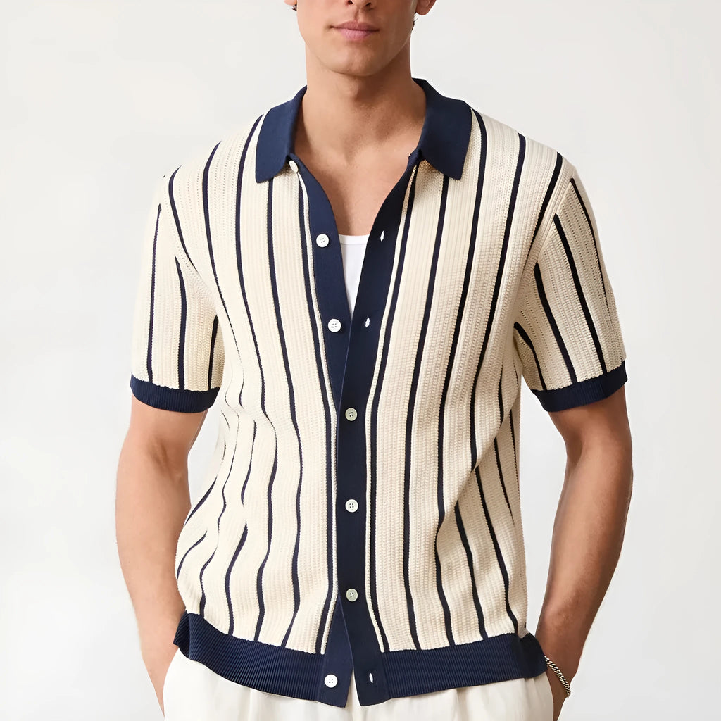 Men's white British style asymmetrical lapel knitted top with short sleeves and stripe pattern