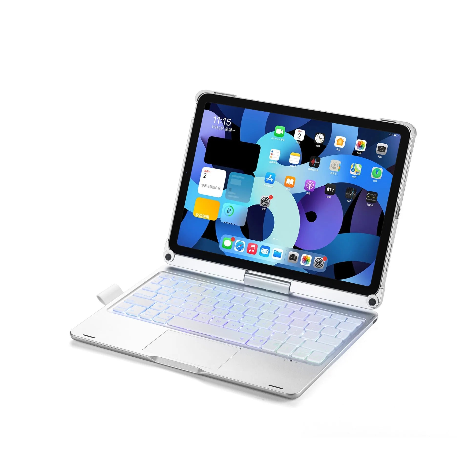 Miaocontrol silver Bluetooth keyboard with 360-degree rotating stand holding an iPad tablet.
