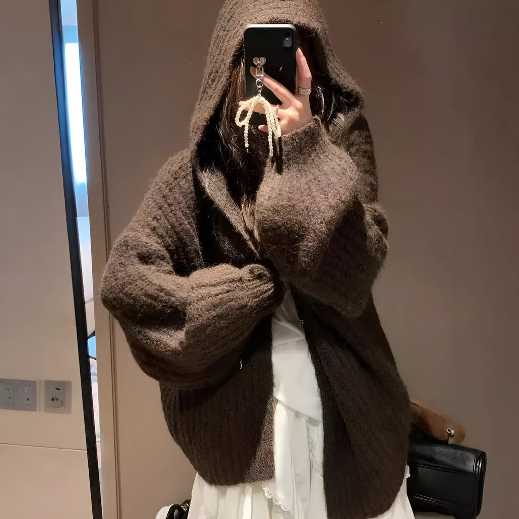 Women's loose fit hooded cardigan in thick acrylic fabric, shown in brown, dark grey, and milky white colour options