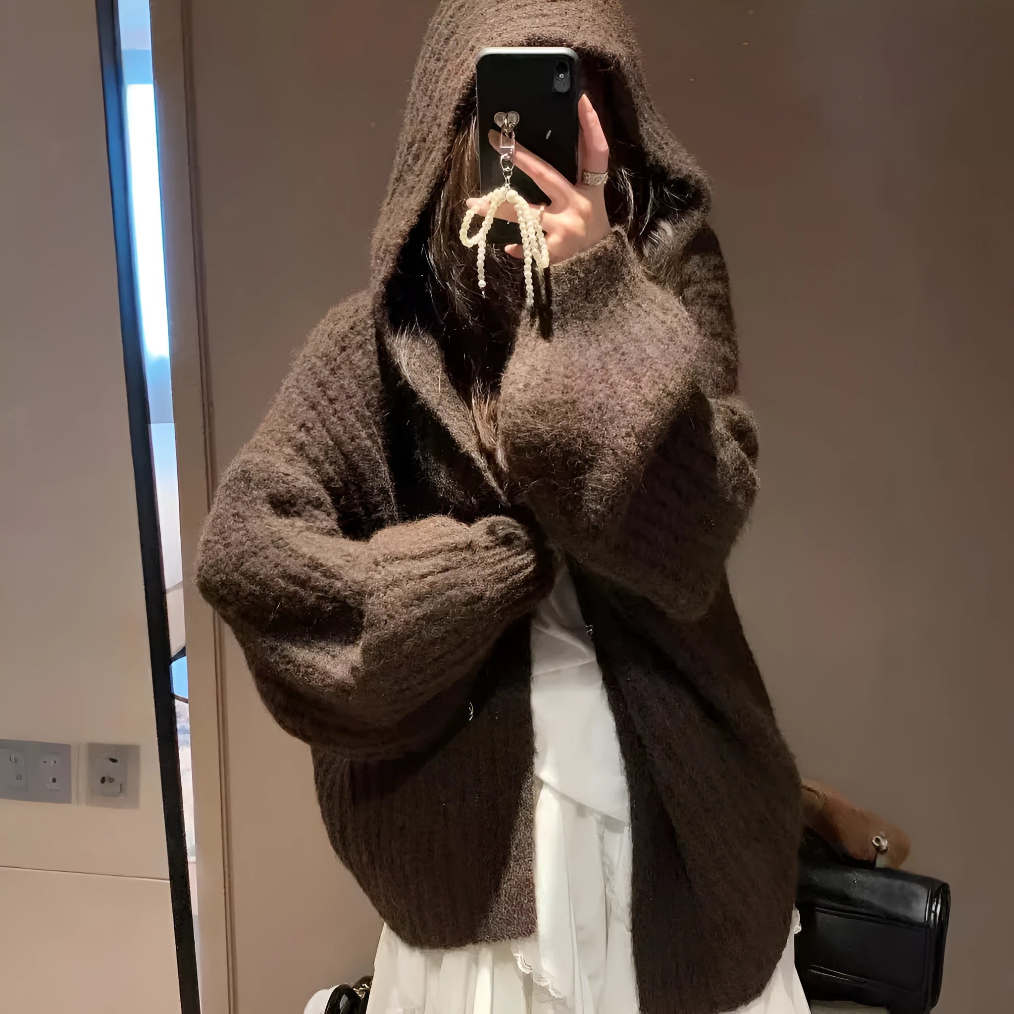Women's loose fit hooded cardigan in thick acrylic fabric, shown in brown, dark grey, and milky white colour options