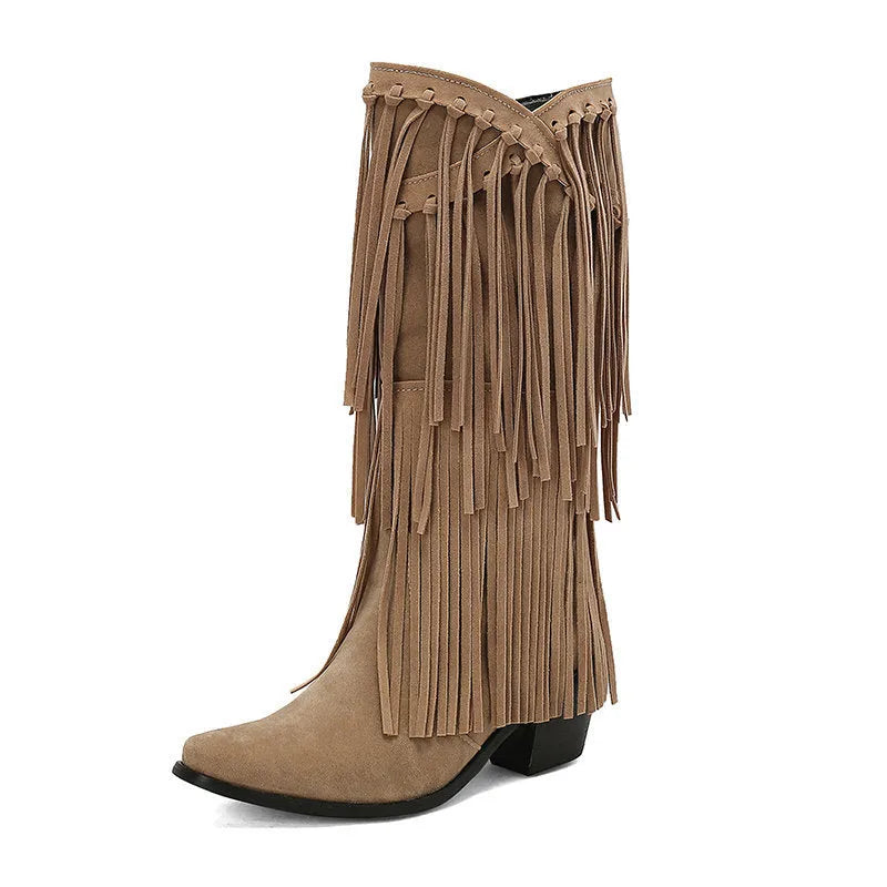 Women's suede knee-high boots with tassel, square toe, chunky heel and platform sole in beige.