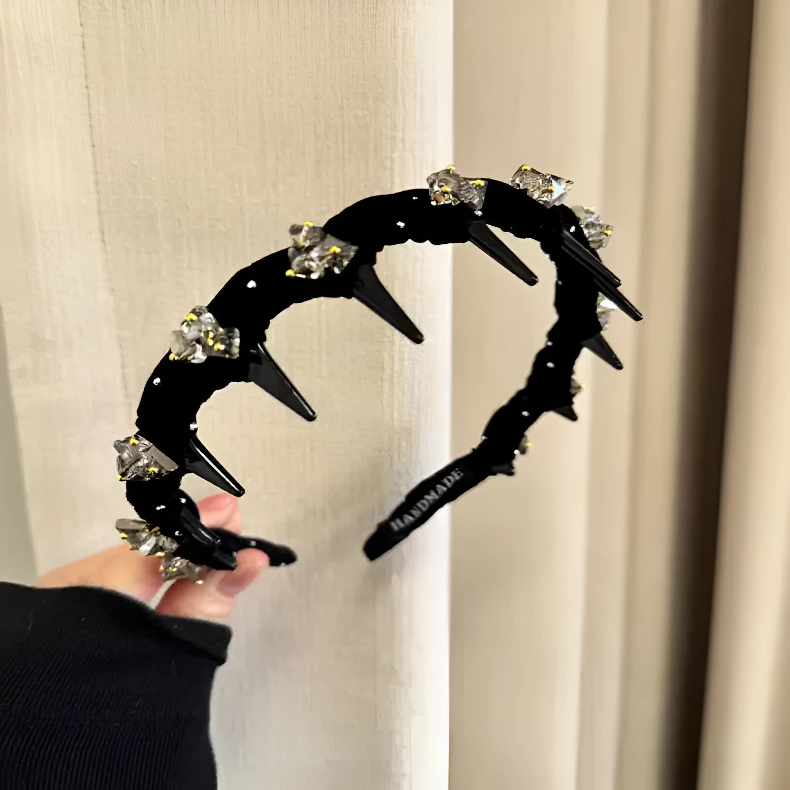 French velvet crystal wave hair pressing headband in black hand-beaded design with non-slip high head construction