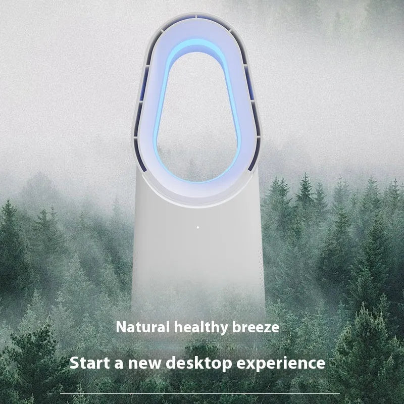 White SK bladeless tower fan with remote control on a desk