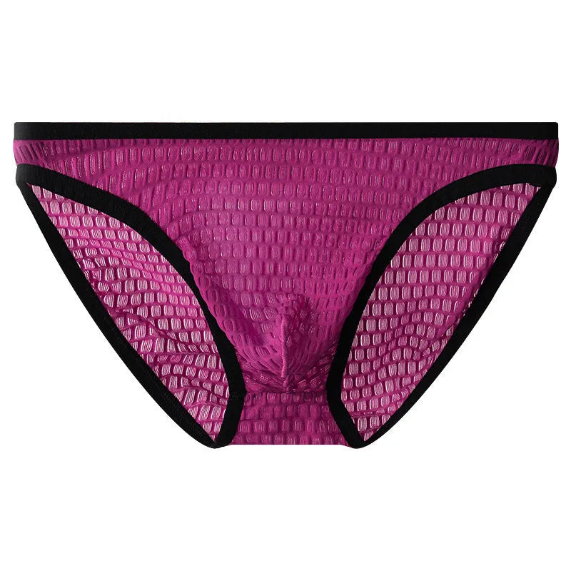 Men's low waist lace underwear shorts in black, showing transparent visual style and lace fabric detail.