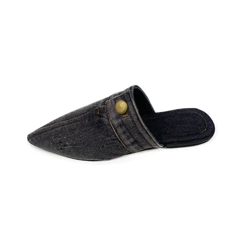 Women's washed denim flat closed toe slippers in light blue with canvas upper and rubber sole