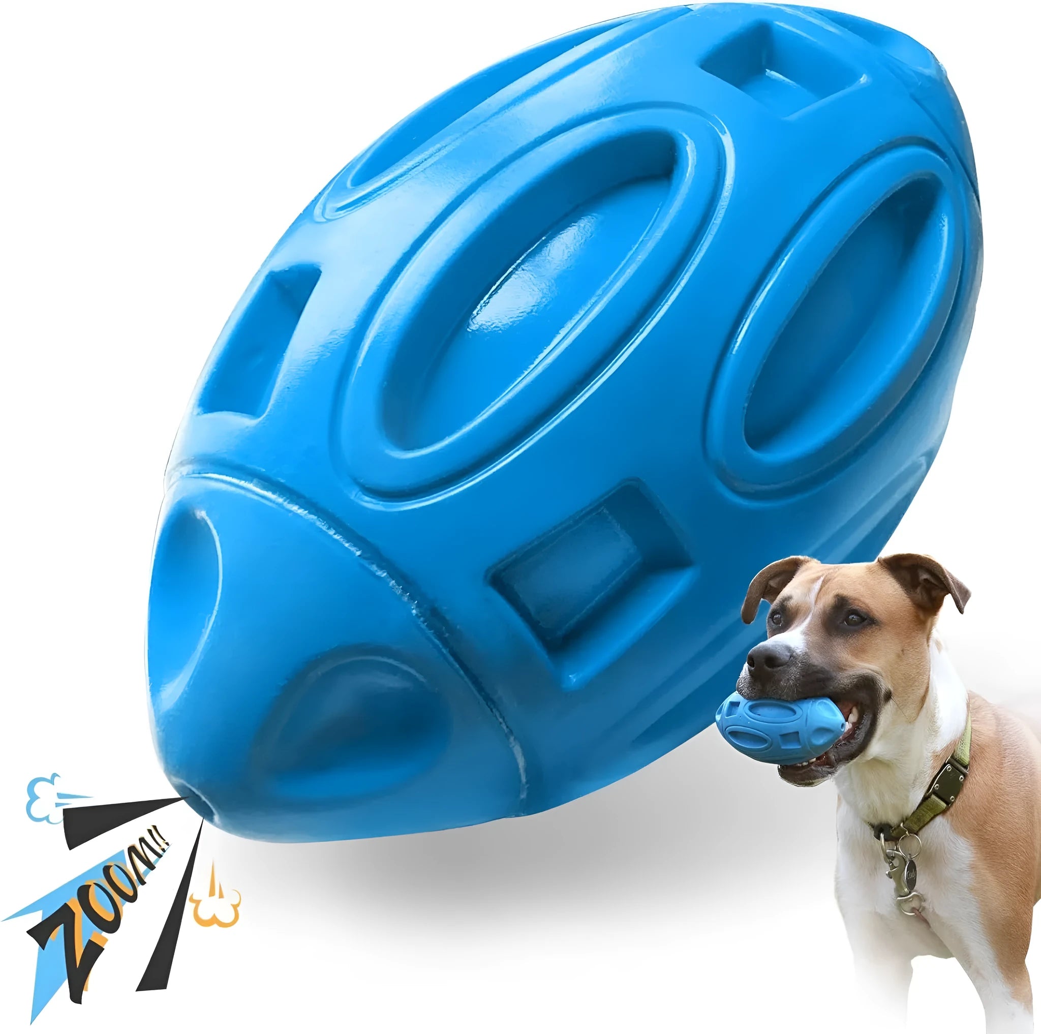 Blue, green, and orange durable natural rubber squeaky dog chew ball for medium and large breeds.