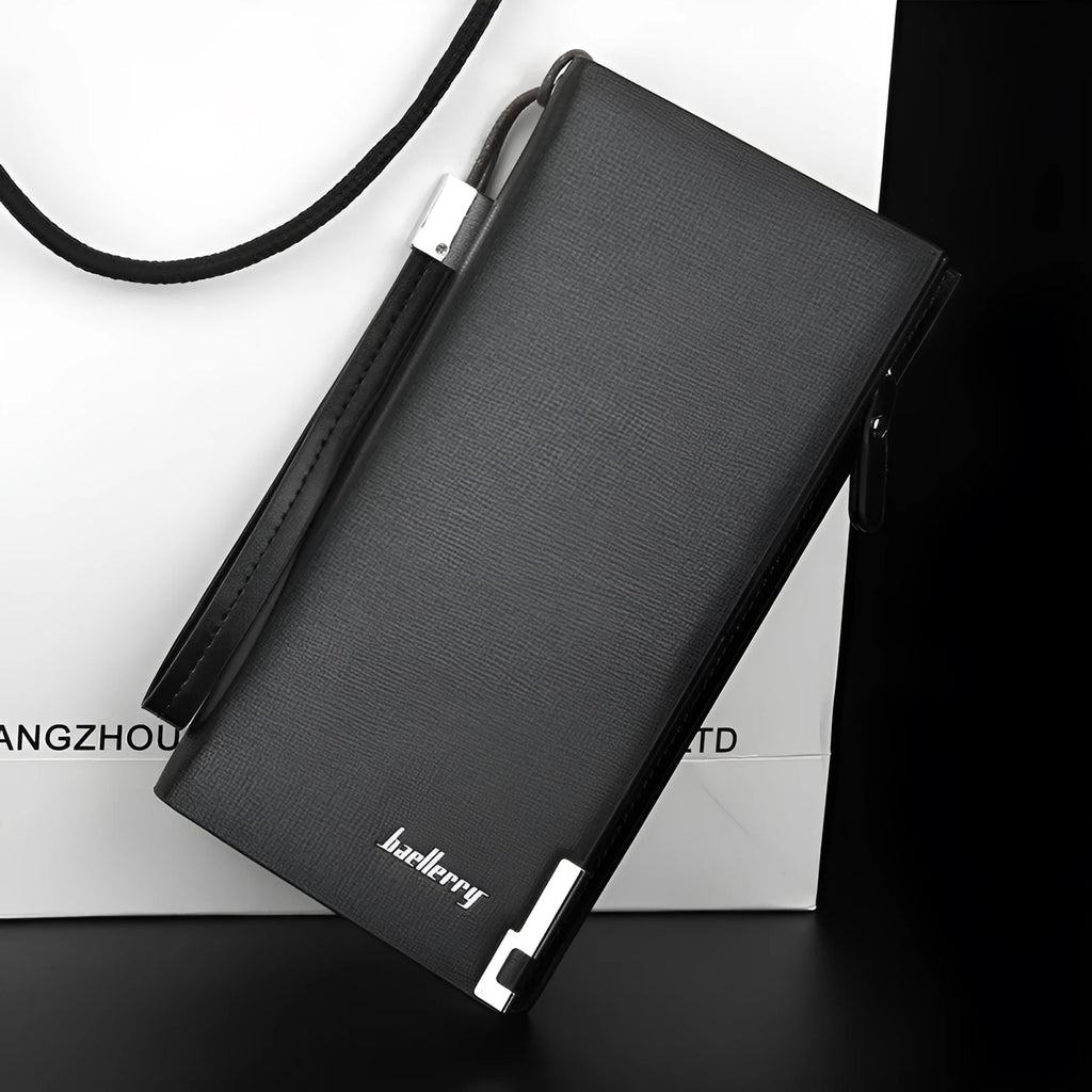 Men's long black PU leather wallet with a silver zipper closure.