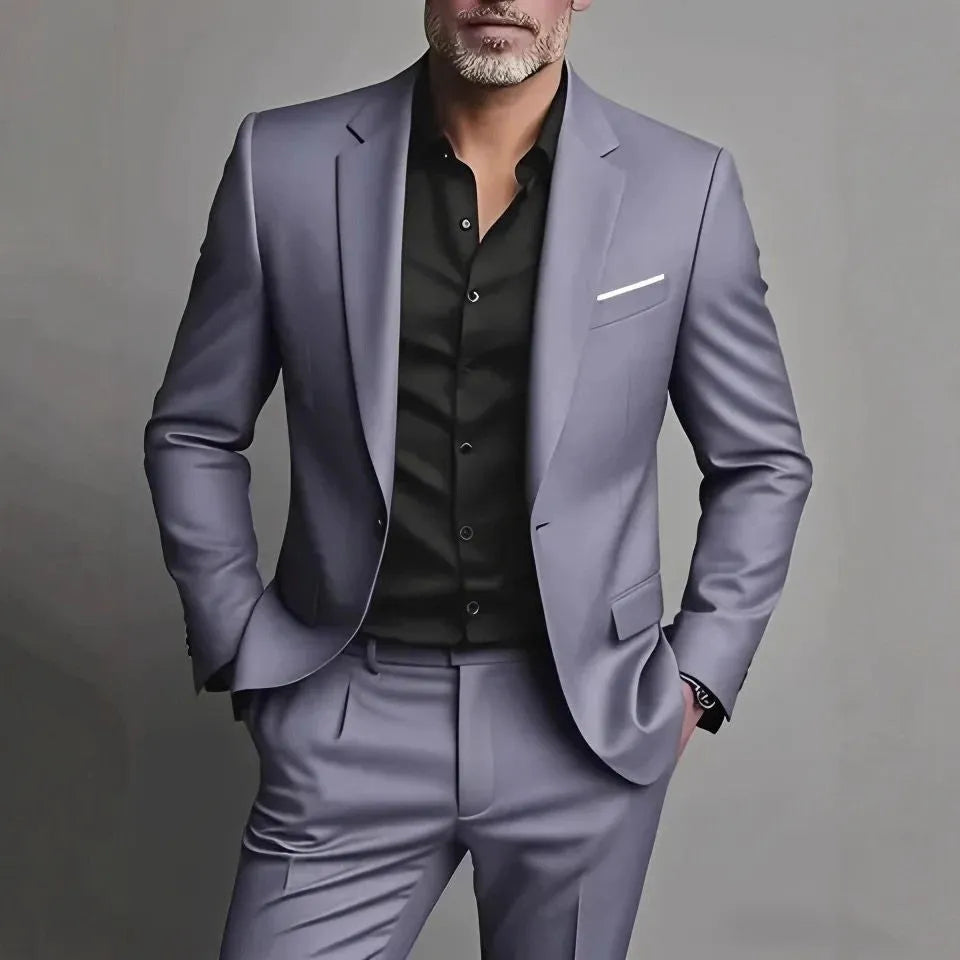 Men's slim fit two-piece suit set in black cotton blend fabric with coat and trousers
