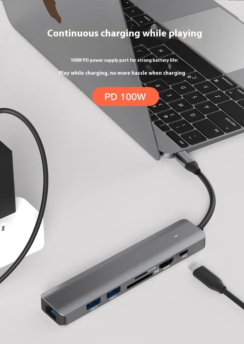 LQT-LH07 7-in-1 USB-C multiport hub with card reader, HDMI, Ethernet, and USB ports.