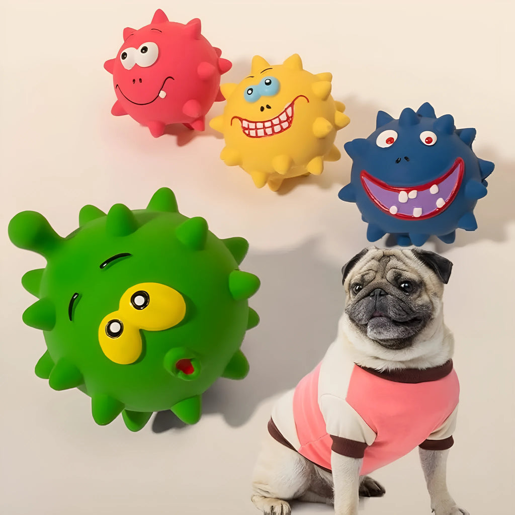 Four colourful squeaky dog toys with cute faces made from natural latex rubber