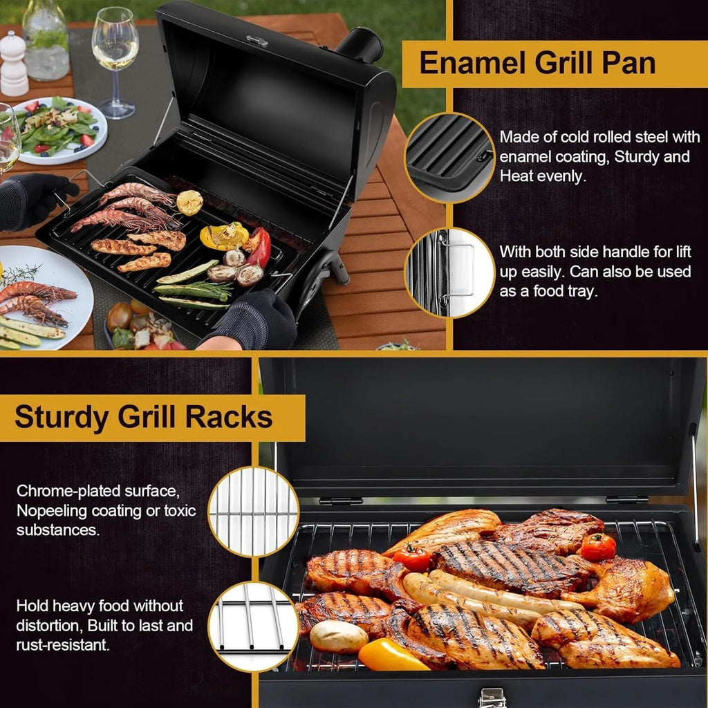 Small folding desktop charcoal barbecue grill with smoking device and metal cooking grill