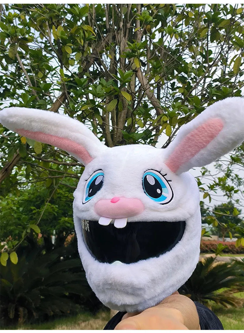 White rabbit head decorative cover for electric motorcycle helmet with plush interior