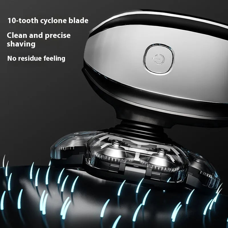Black rechargeable 6-in-1 hair clipper and shaver kit with multiple attachments laid out.