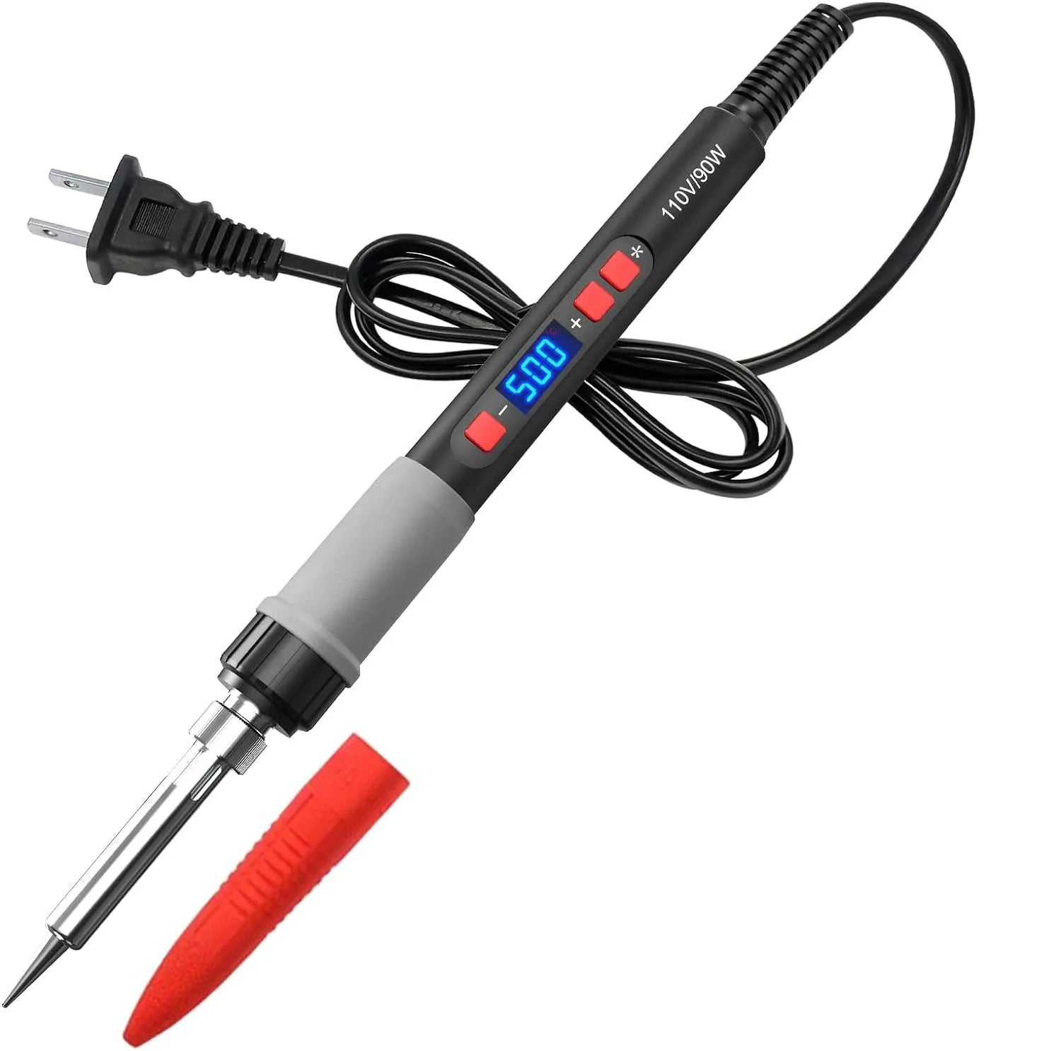 Gray 90W electric soldering iron kit with five tips, sponge, solder wire, and pen holder for electronics repair
