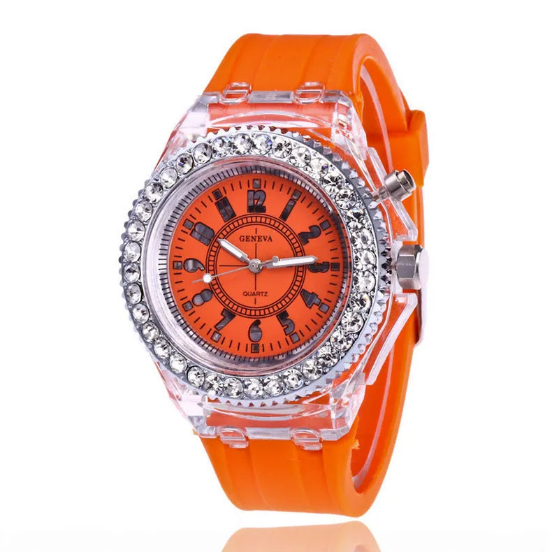 Women's LED luminous watch with round 43mm dial and coloured silicone strap
