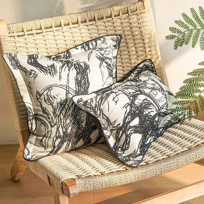 Modern abstract golden horse jacquard cushion in square and waist pillow sizes with colour options