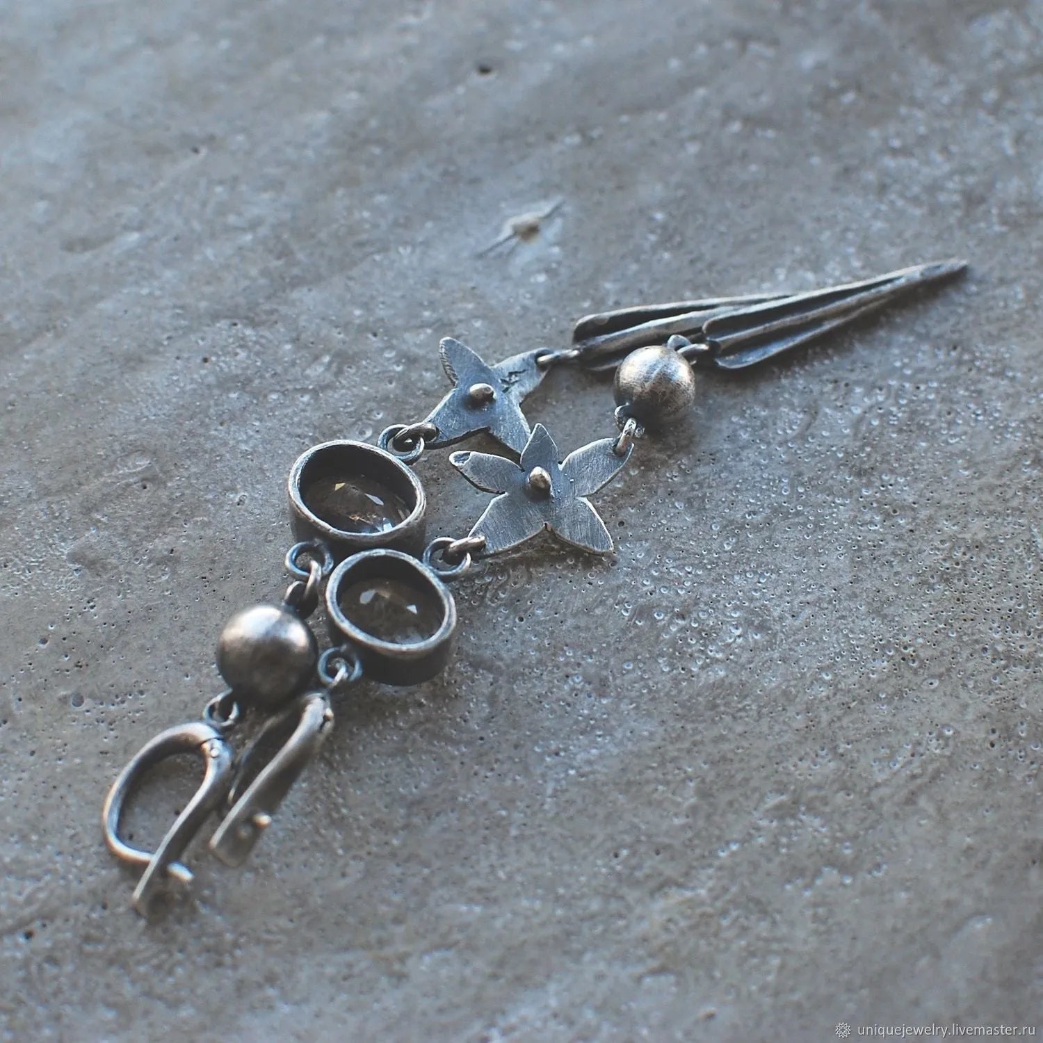 Geometric antique silver-plated earrings with XINGX chain design and rhinestone accents