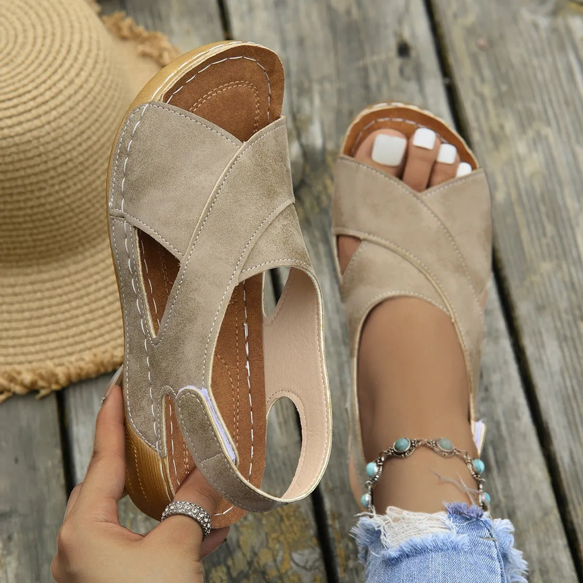 Roman platform sandals with skirt detail and adjustable Velcro strap in earthy colour options